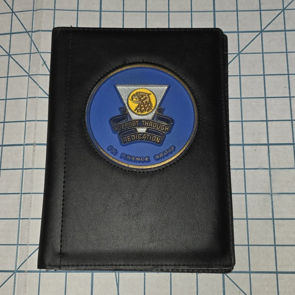 Black Folio, Pen - Unit Insignia US Army 5th Finance Group Germany 1980s 10x7.5